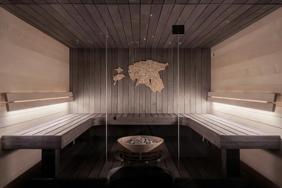 Wooden sauna with soft lighting